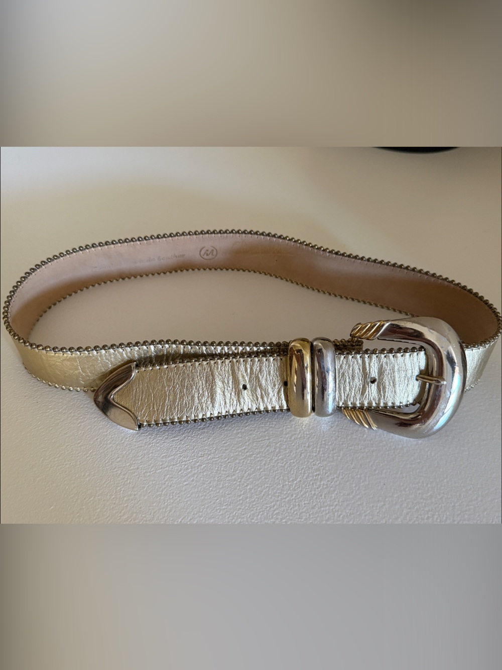 Women's Metallic Gold Leather Belt with Two-Tone Gold and Silver Buckle